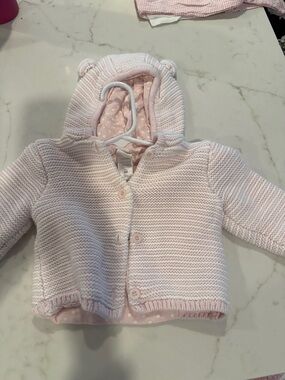 Little Me Light Pink Knit Hooded Cardigan with Polka Dot Lining
